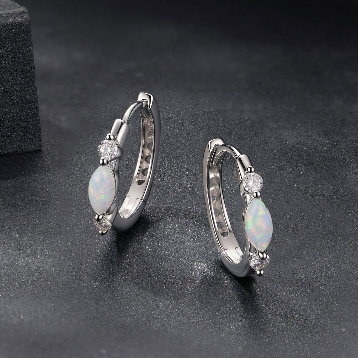 White Gold Plated Sterling Silver Moissanite and Artificial Opal Earrings