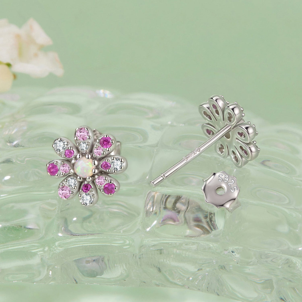 Sterling Silver Synthetic Opal and CZ Earrings