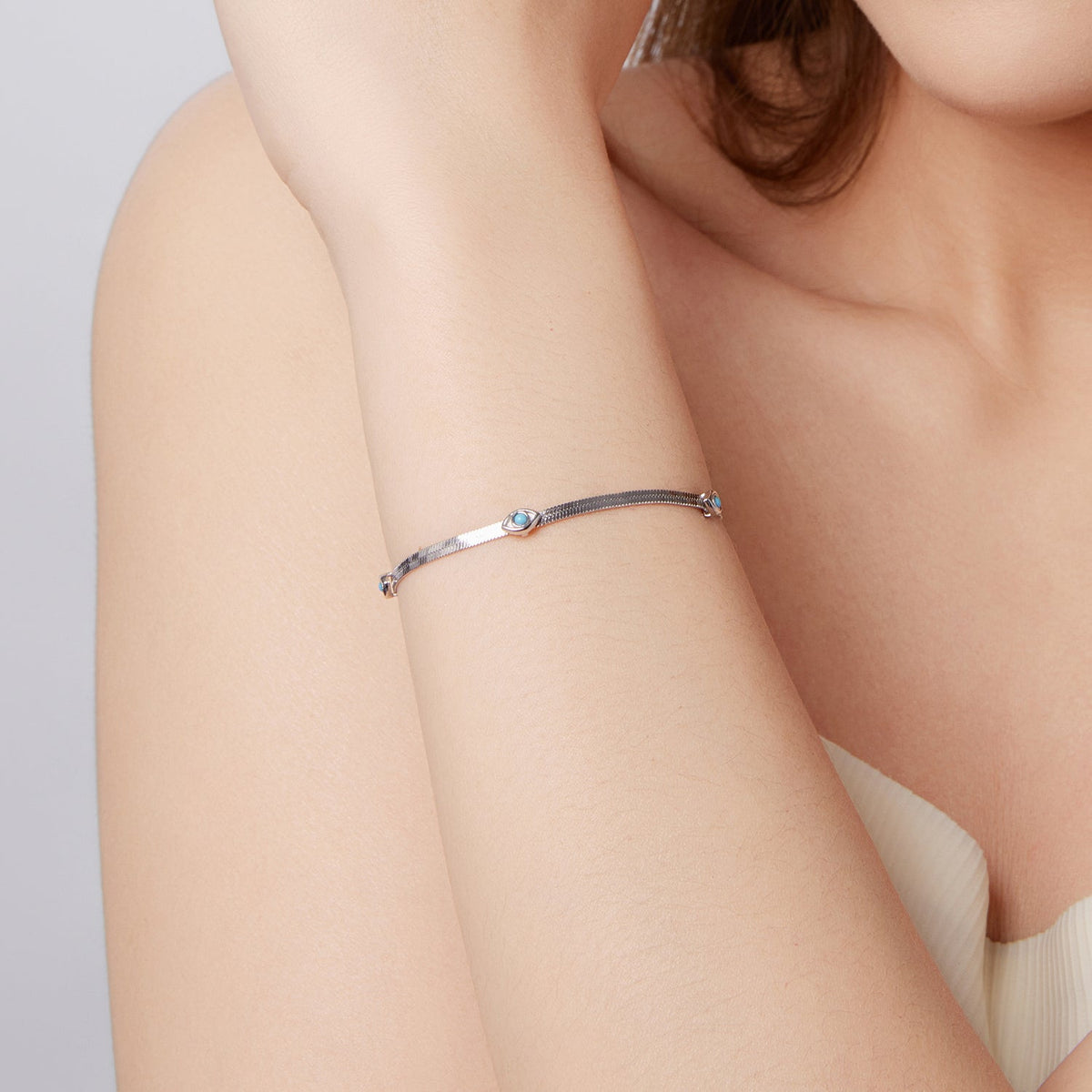 Sterling Silver White Gold Plated Synthetic Turquoise Multi-Layer Bracelet