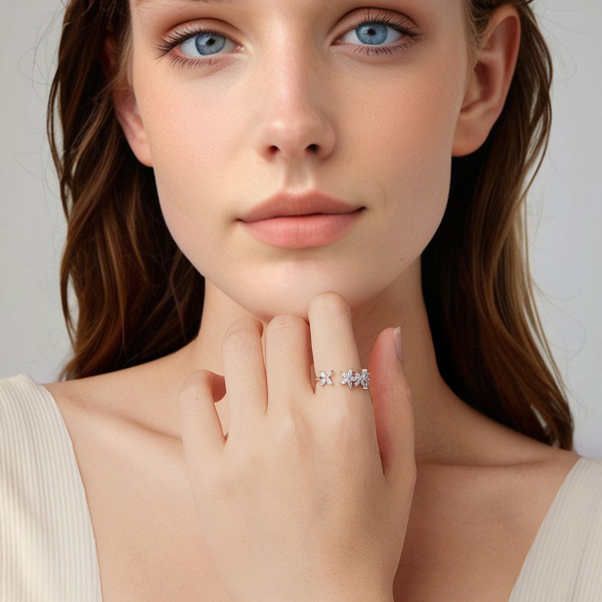 Sterling Silver White Gold Plated Pavé CZ Flower Ring