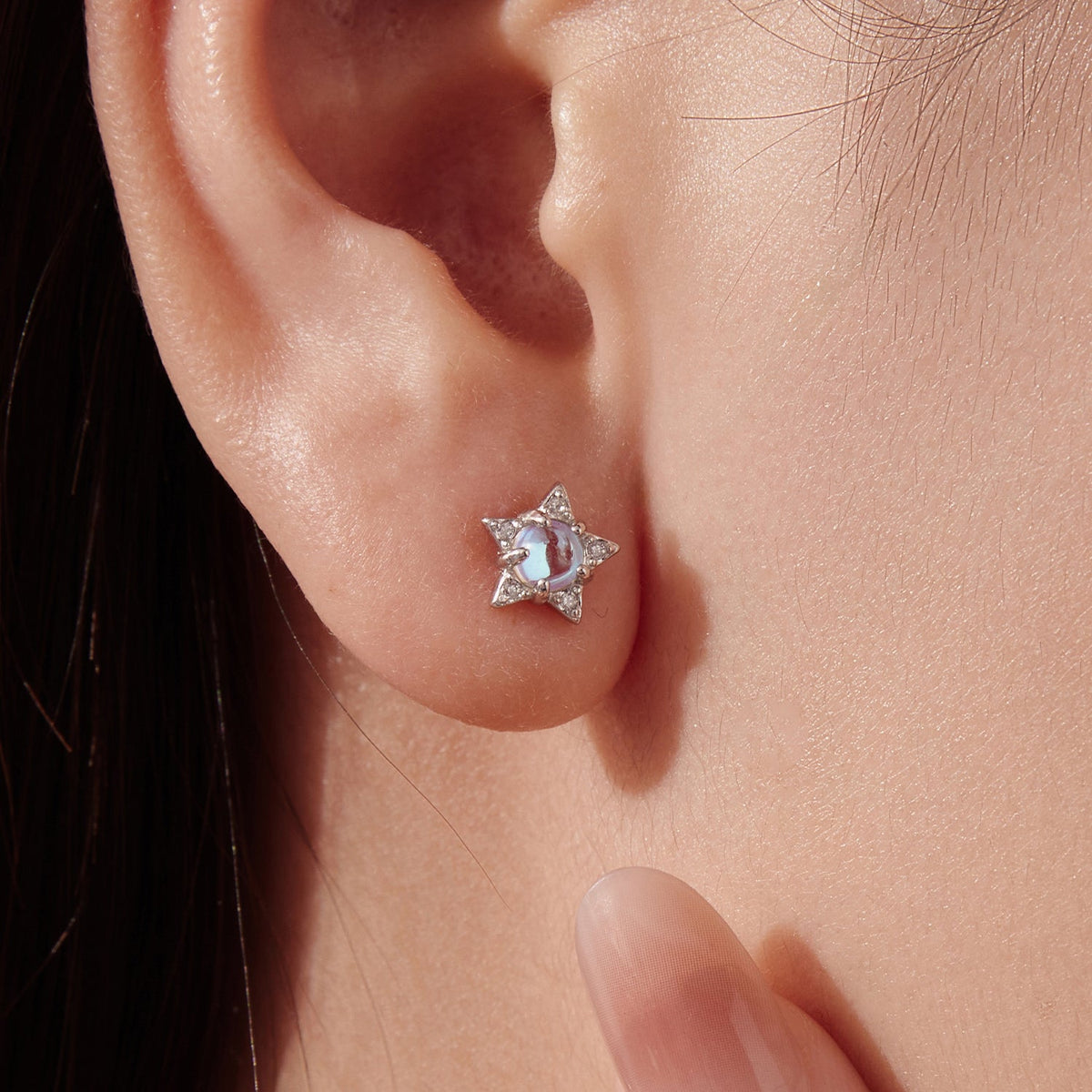 Sterling Silver White Gold Plated Moonstone & CZ Star and Moon Earrings