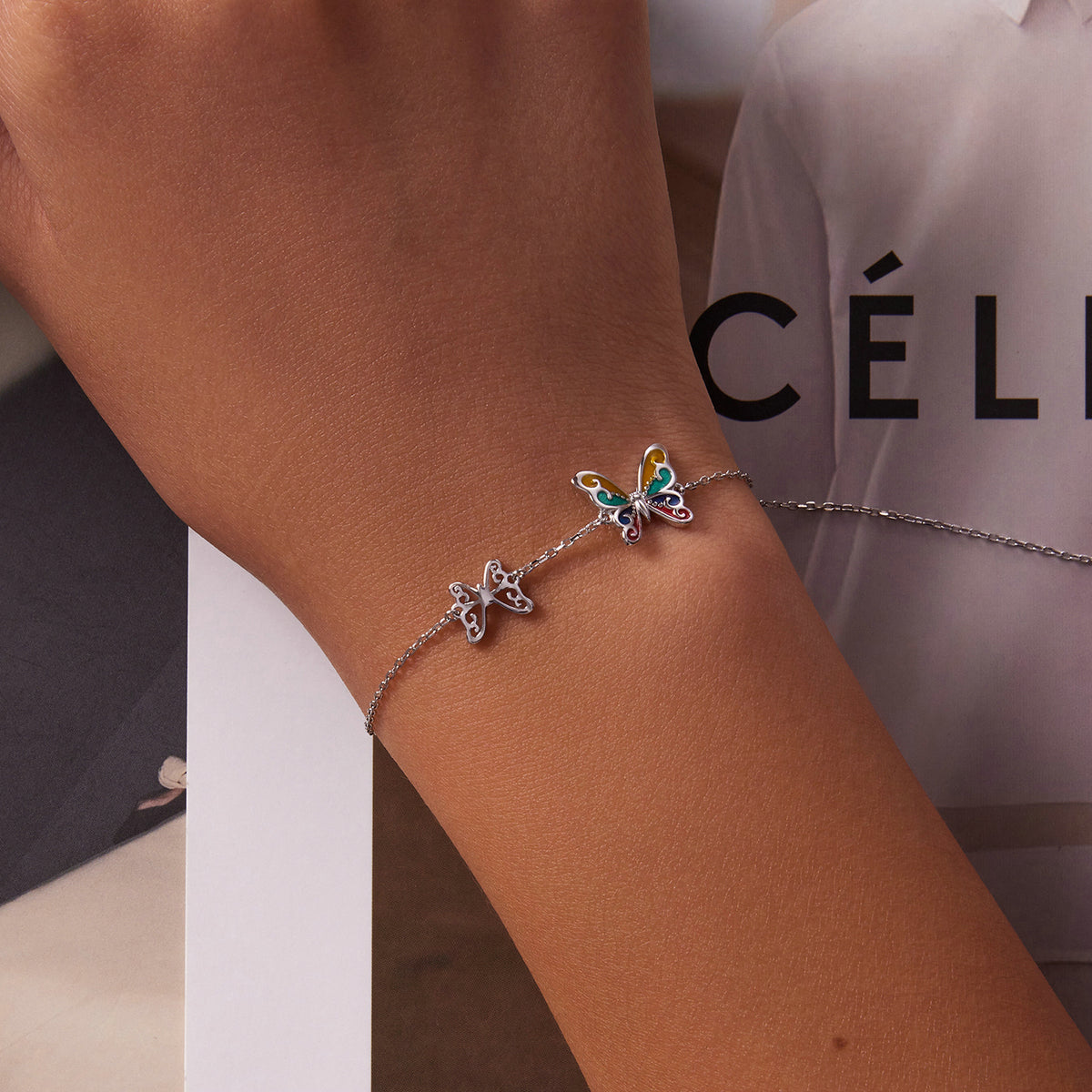 Sterling Silver Platinum Plated Adjustable Butterfly Enamel Bracelet