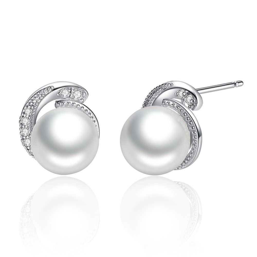 Sterling Silver Pavé Cubic Zirconia Shell Pearl Earrings