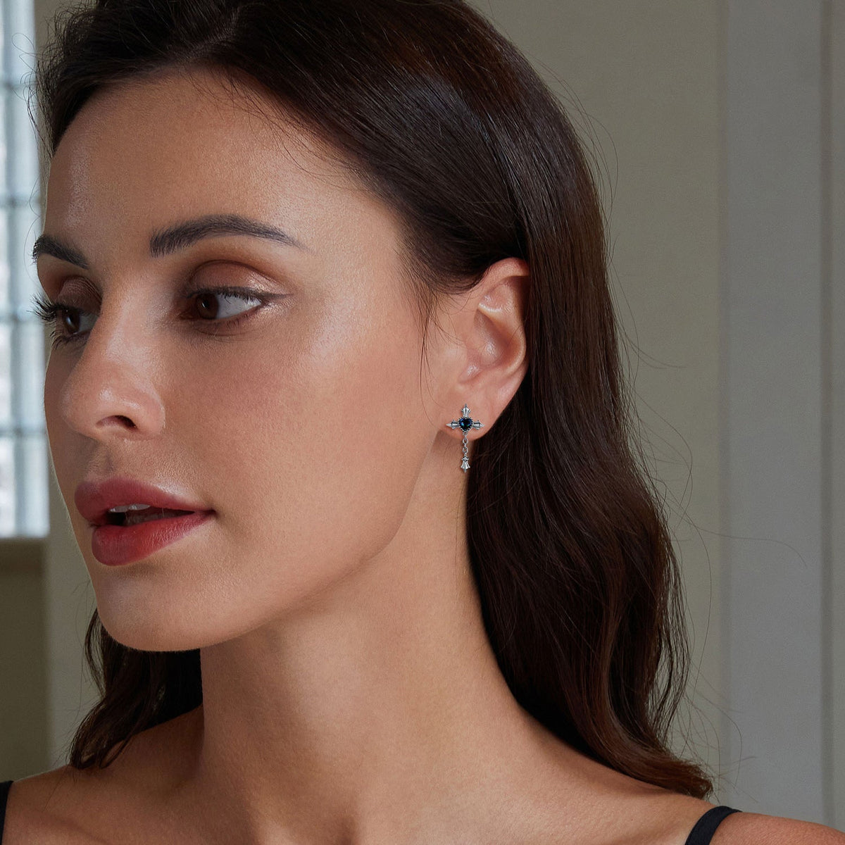 Sterling Silver Pavé CZ and Glass Drop Earrings