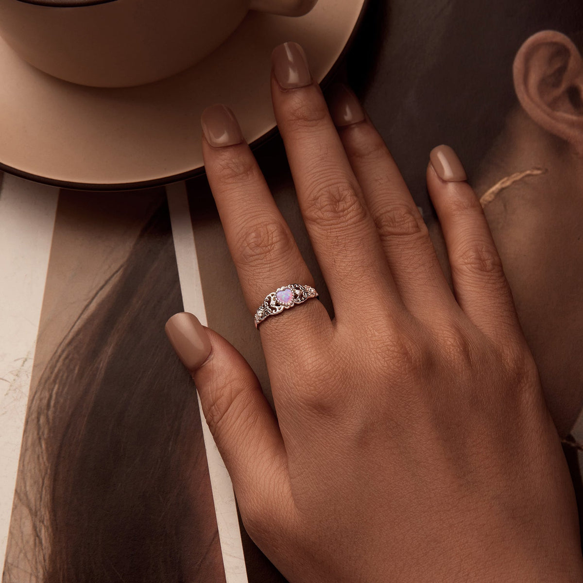 Sterling Silver Opal and CZ Stackable Ring
