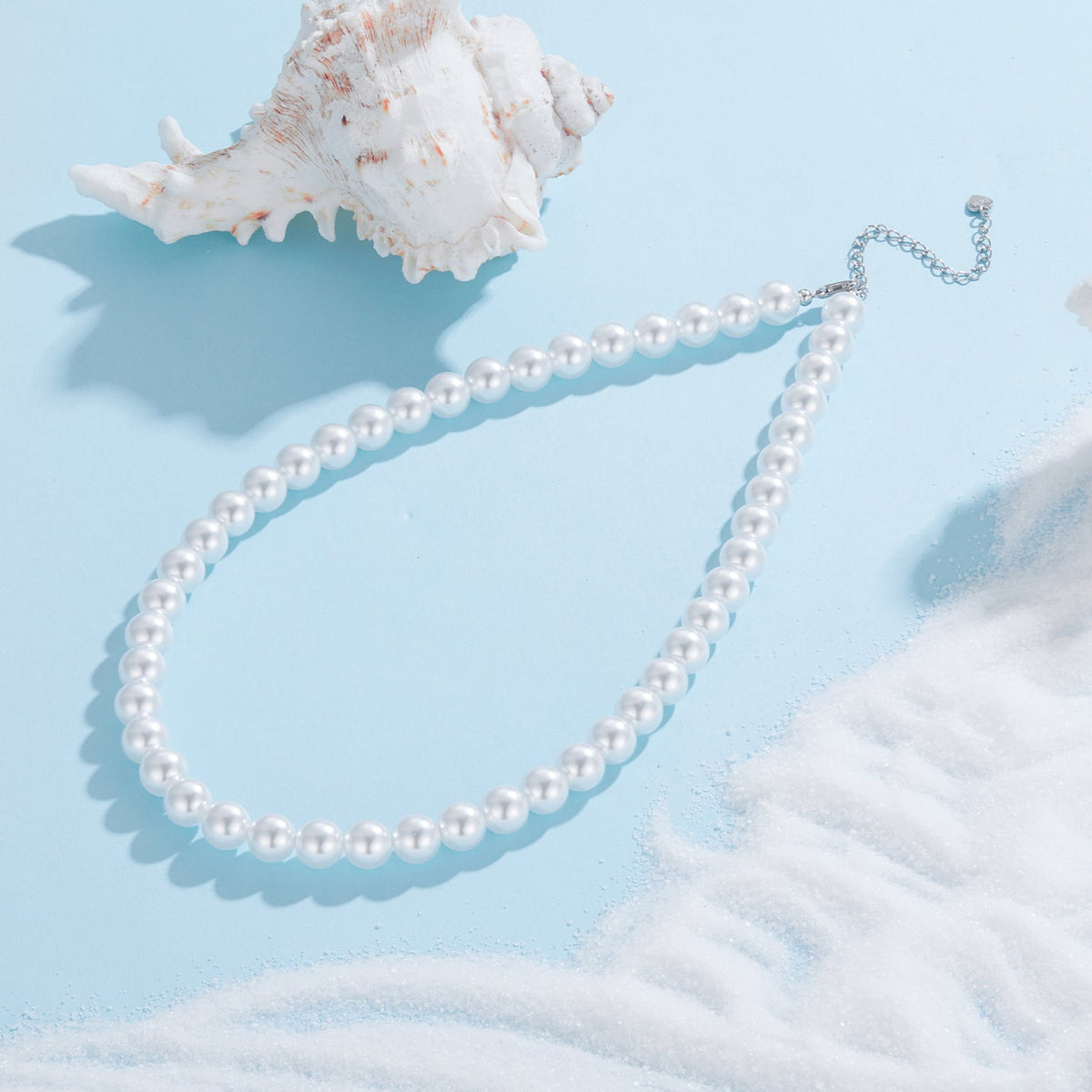 Sterling Silver White Gold Plated Shell Pearl Necklace