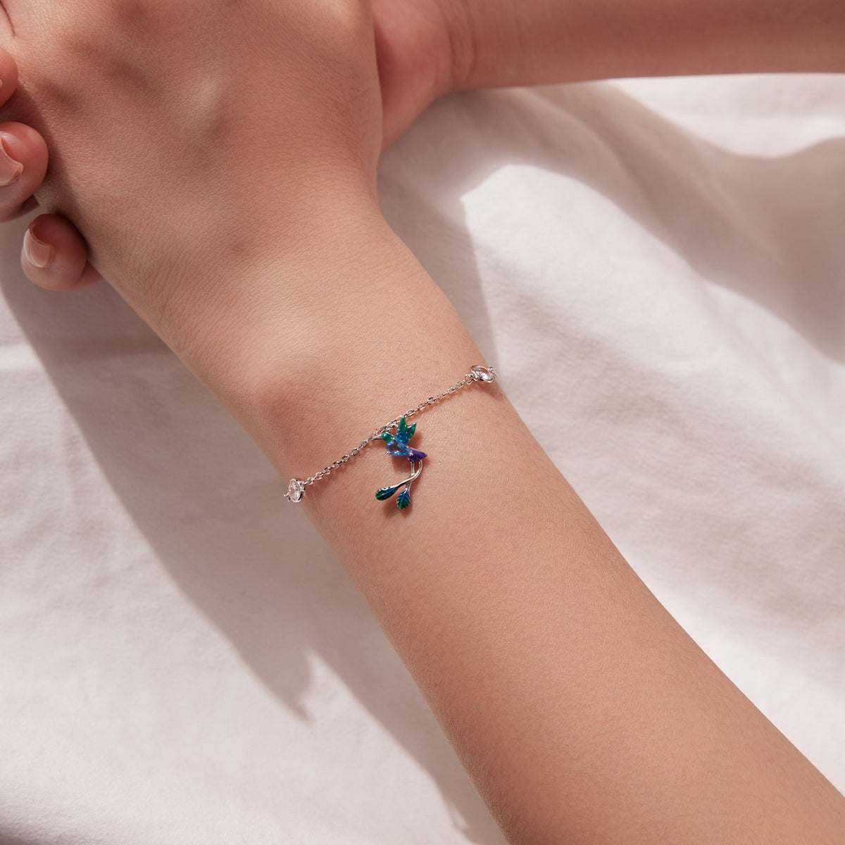 Sterling Silver White Gold Plated Enamel Pavé CZ Bird Charm Bracelet
