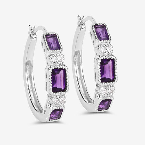 Sterling Silver Amethyst and White Topaz Hoop Earrings