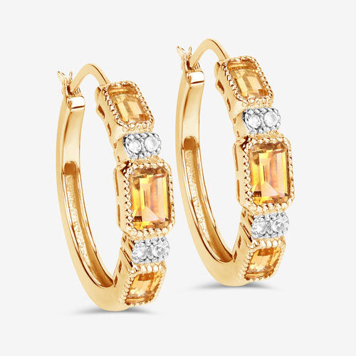 14K Yellow Gold Plated Sterling Silver Citrine and White Topaz Hoop Earrings