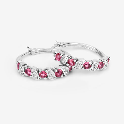 Sterling Silver Pink Tourmaline and White Topaz Hoop Earrings