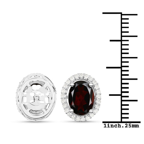 Sterling Silver Garnet and Diamond Oval Stud Earrings