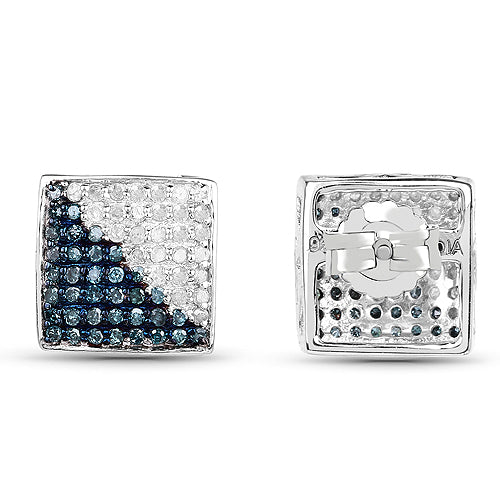 .925 Sterling Silver Blue Diamond and White Diamond Cluster Earrings