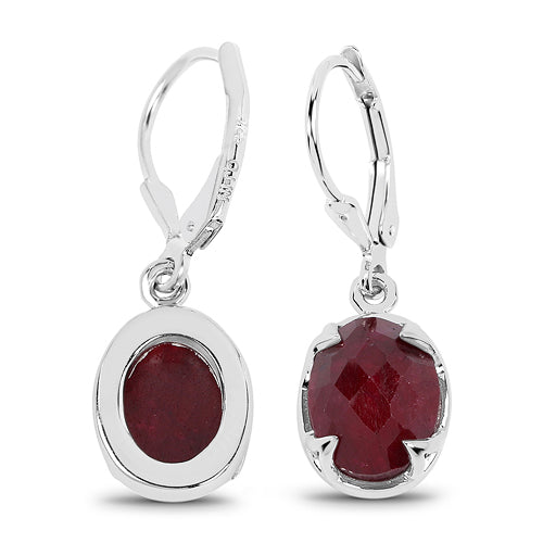 Sterling Silver Dyed Ruby Oval Dangle Earrings