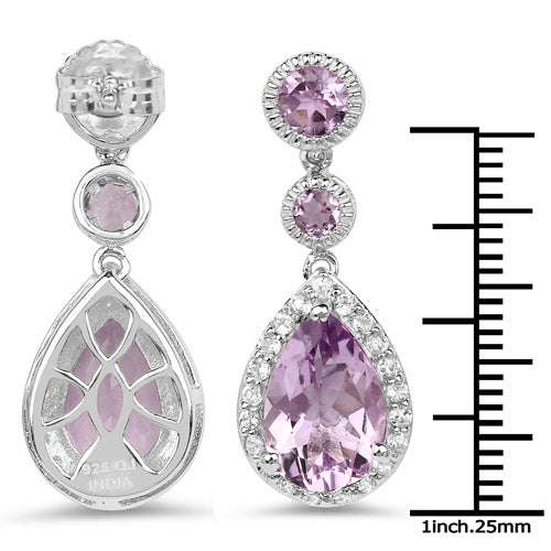 Sterling Silver Pink Amethyst and White Topaz Dangle Earrings