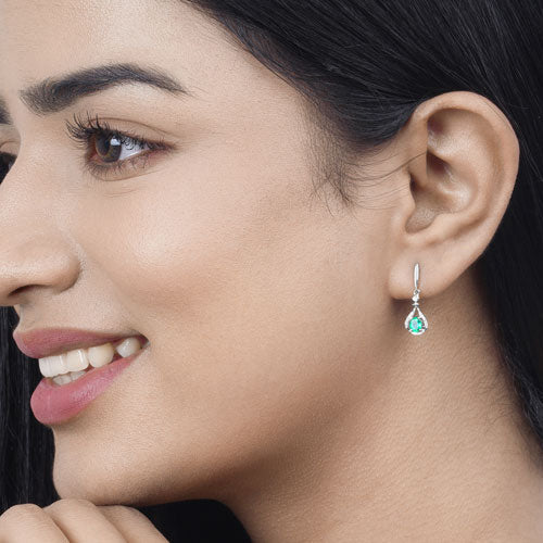 14K White Gold Zambian Emerald and Diamond Dangle Earrings