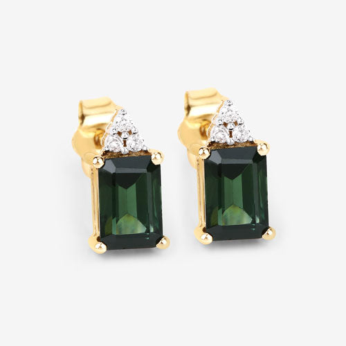14K Yellow Gold Green Tourmaline and White Diamond Earrings
