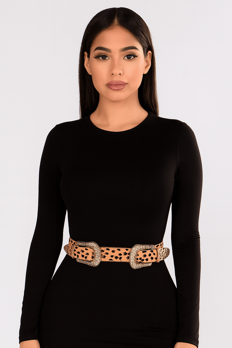 Faux Animal Skin Two Buckle Belt – Cheetah Print Western Statement Accessory