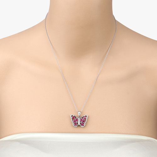Sterling Silver Ruby and White Zircon Butterfly Pendant