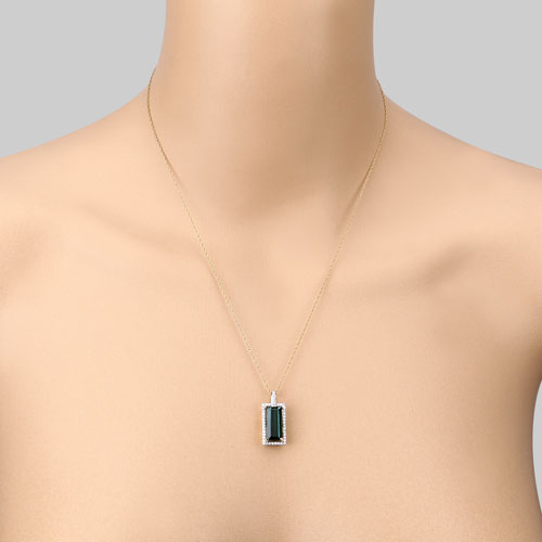 4.28 Carat Genuine Green Tourmaline and White Diamond 14K Yellow Gold Pendant