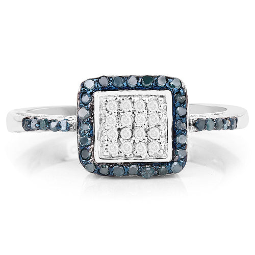 Sterling Silver Blue Diamond and White Diamond Cluster Ring