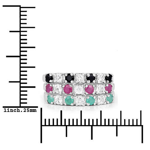 Sterling Silver Multi-Stone Black Sapphire, Emerald, Ruby, and White Topaz Ring