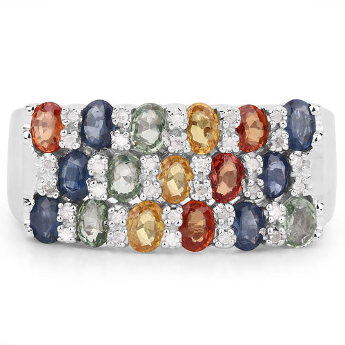 Sterling Silver Multi Sapphire and Diamond Cluster Ring