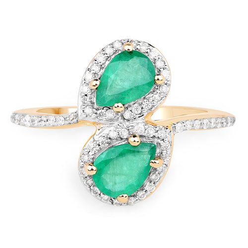 Yellow Gold Zambian Emerald & White Zircon Bypass Ring