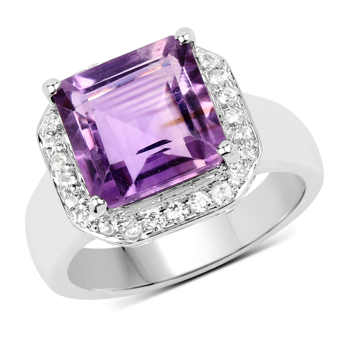 Sterling Silver Amethyst and White Topaz Octagon Solitaire Ring