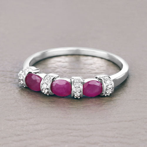 14K White Gold Ruby and Diamond Three-Stone Ring