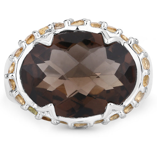 Two Tone Plated Sterling Silver Smoky Quartz & Citrine Ring