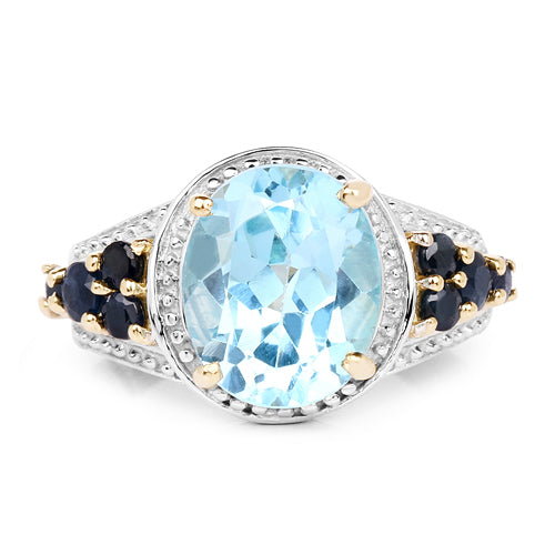 14K Yellow Gold Plated Sterling Silver Blue Topaz & Blue Sapphire Cocktail Ring