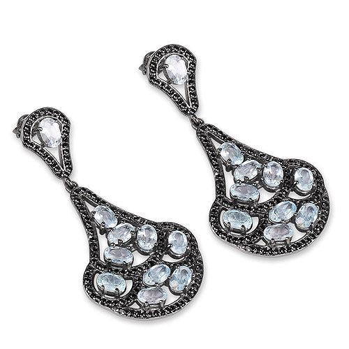 Sterling Silver Blue Topaz and Black Spinel Dangle Earrings