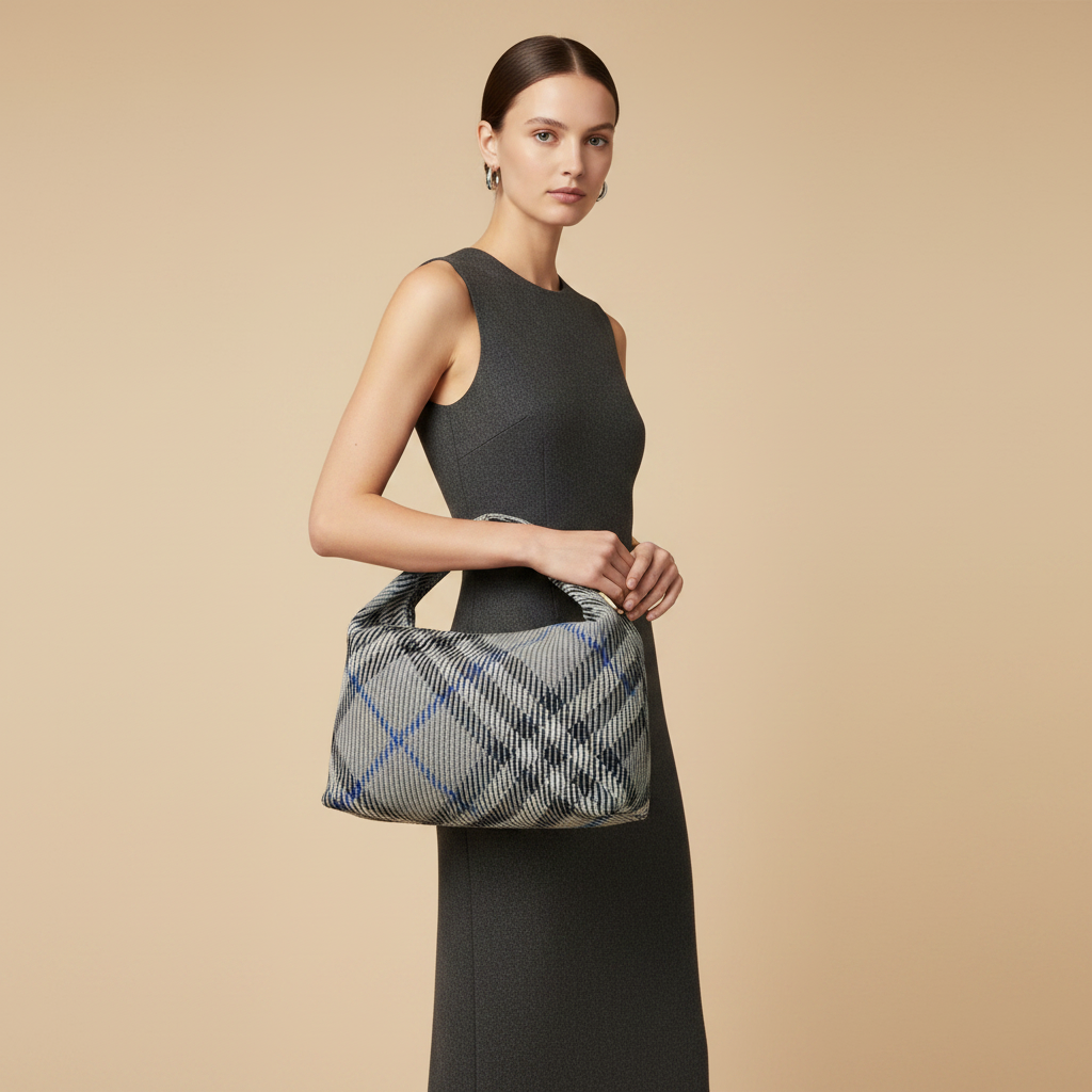 Burberry Medium Peg Tote in Lichen Check — held by model in studio