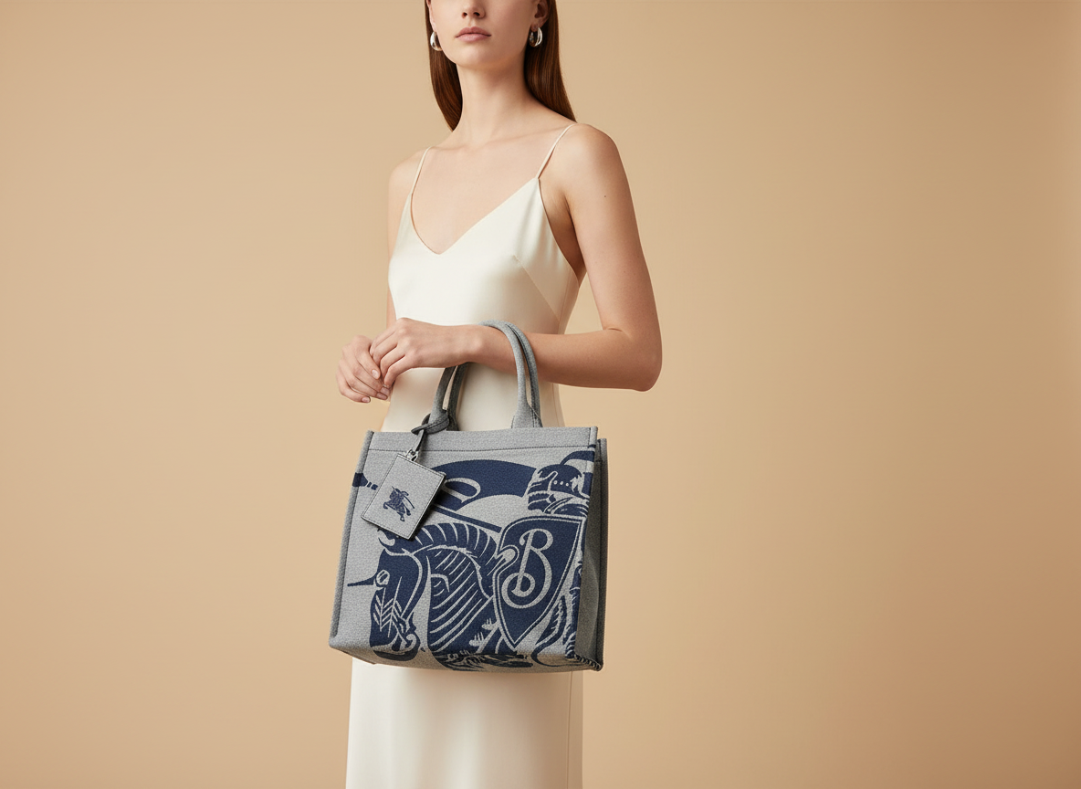 Burberry Navy EKD Canvas Tote Bag With Coin Pouch — held by model in studio