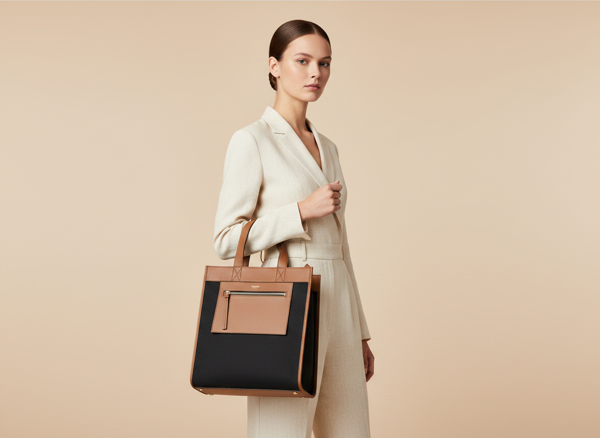 Burberry Small Pocket Tote Manzon Bag Purse — held by model in studio