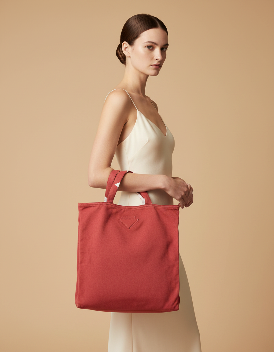 Prada Red Canvas Shopping Tote Bag — held by model in studio