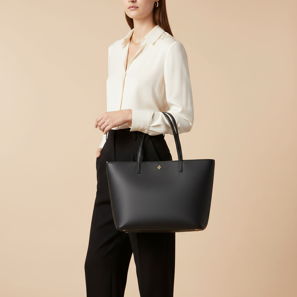 Tory Burch Kira Black Leather Shoulder Bag — held by model in studio