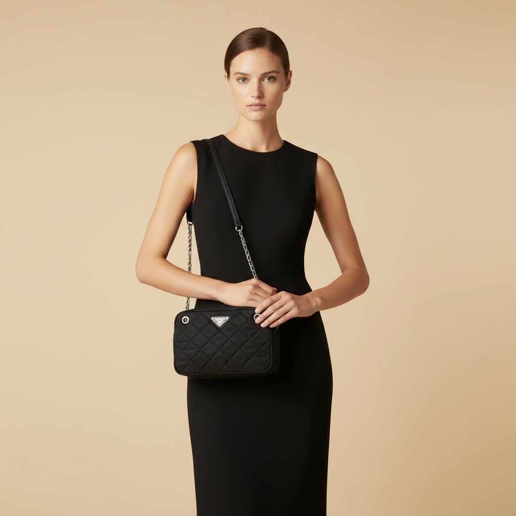 Prada Re-Nylon Black Triangle Crossbody Bag — held by model in studio