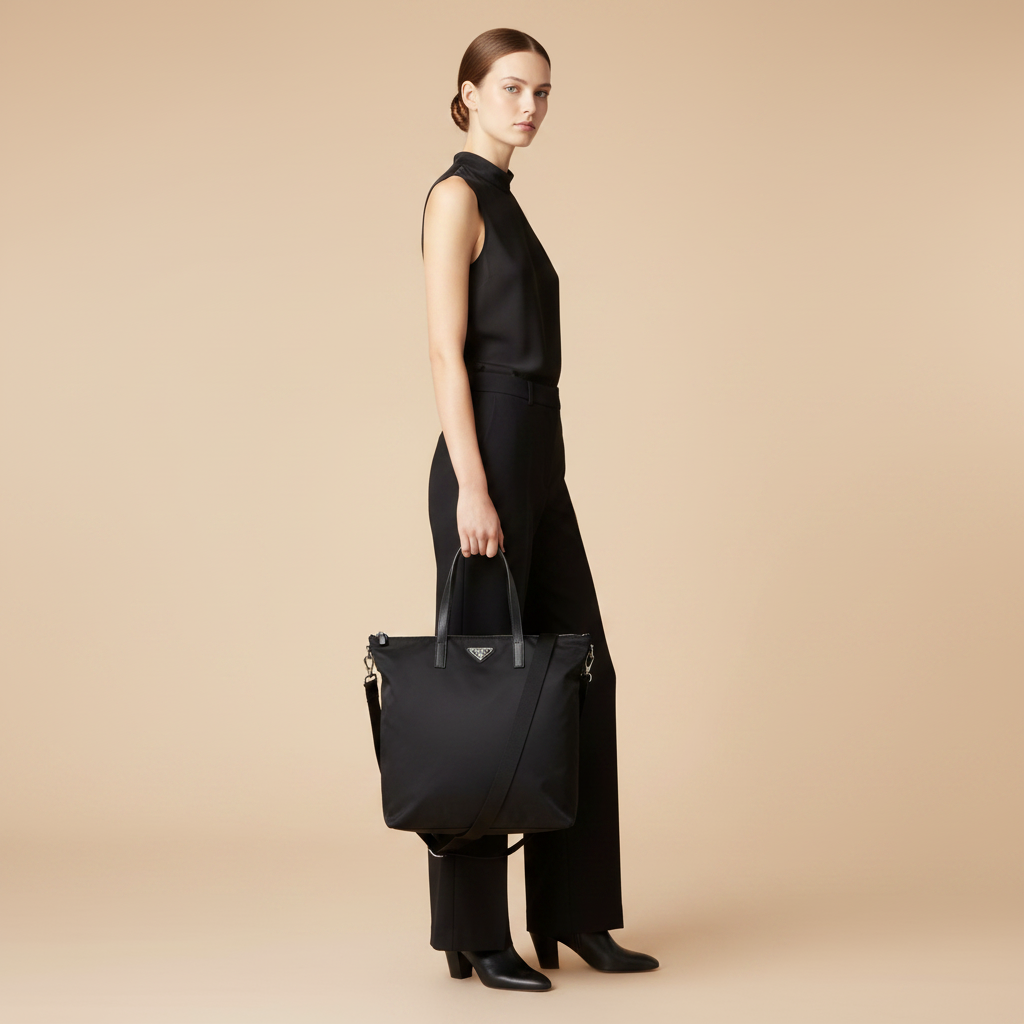 Prada Re-Nylon Black Tote Bag — held by model in studio