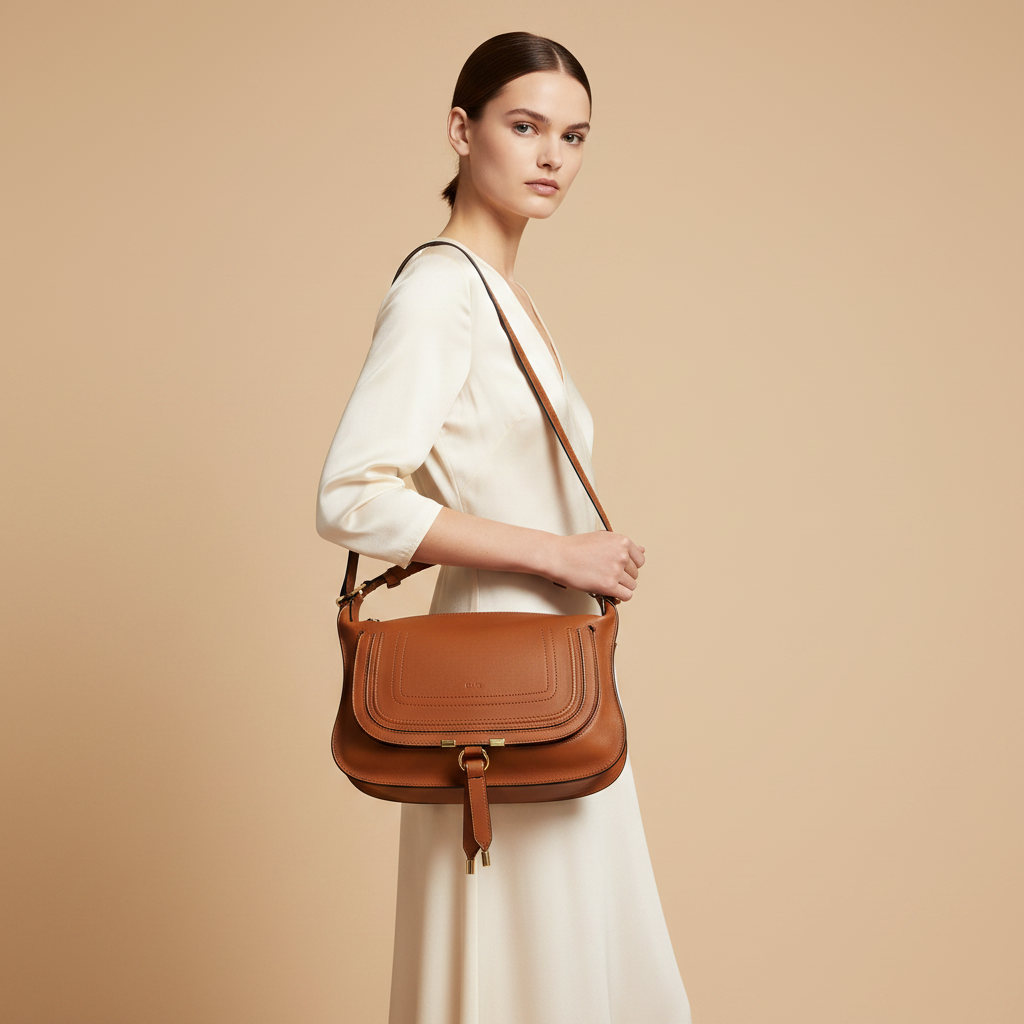 Chloé Marcie Small Brown Calfskin Shoulder Bag — held by model in studio