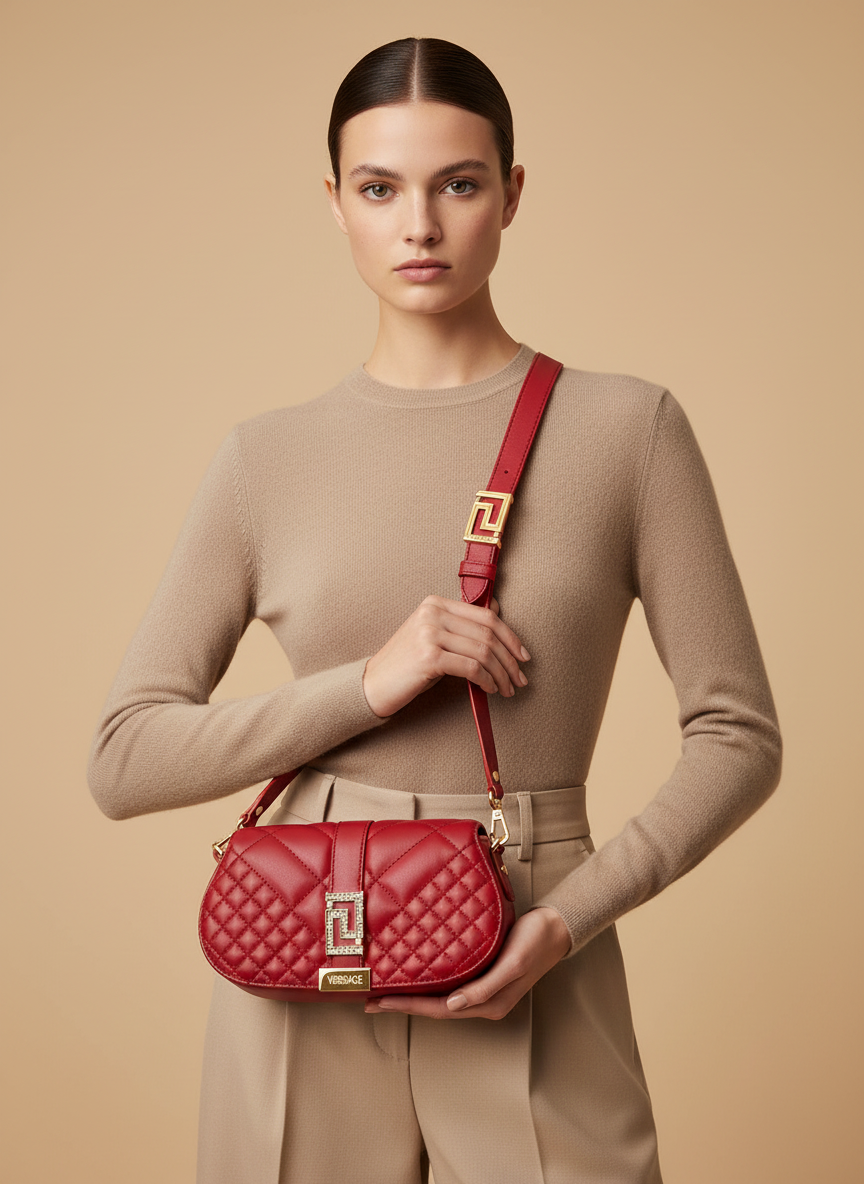 Versace Medusa Red Quilted Lambskin Shoulder Bag — held by model in studio