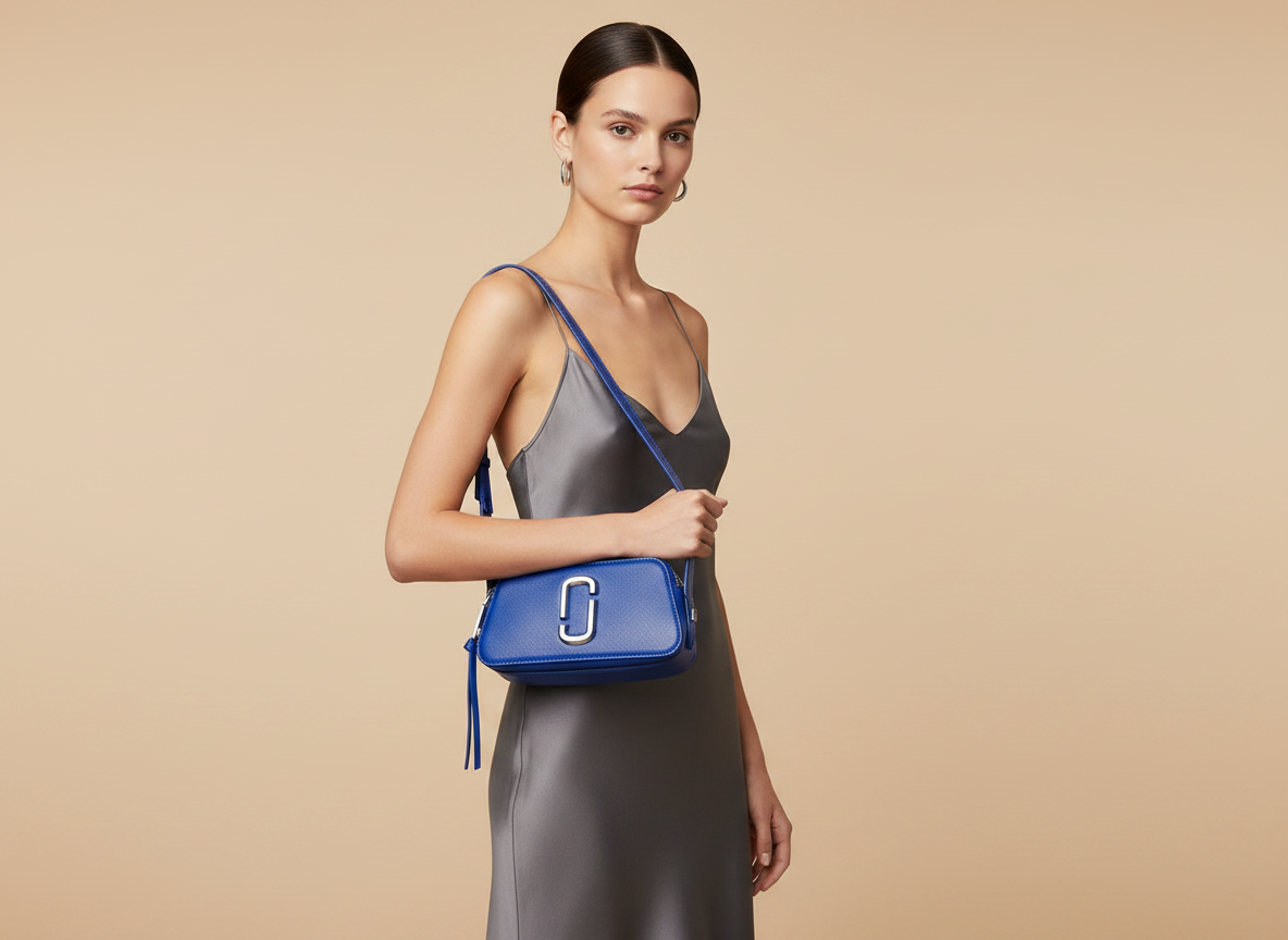 Marc Jacobs The Slingshot Cobalt Leather Shoulder Bag — held by model in studio