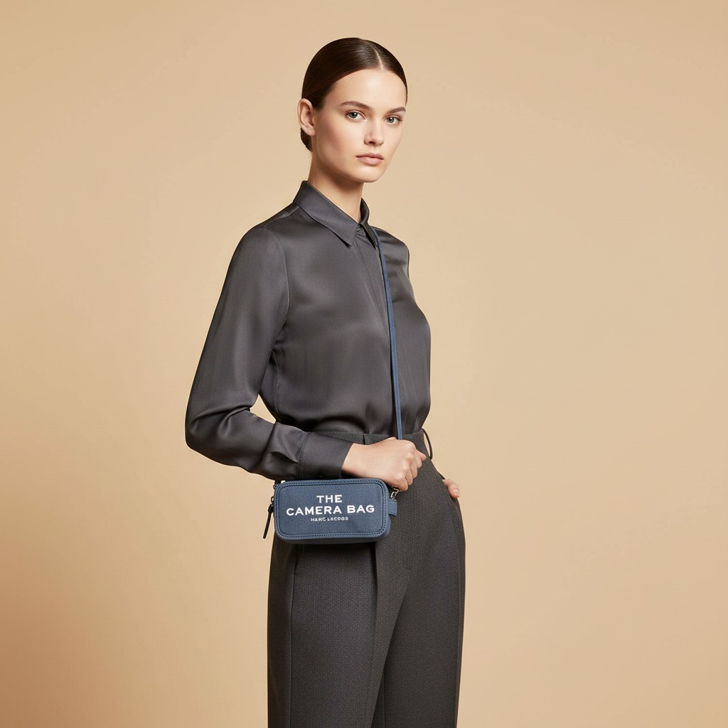 Marc Jacobs The Camera Bag Blue Shadow Cotton Crossbody Bag — held by model in studio