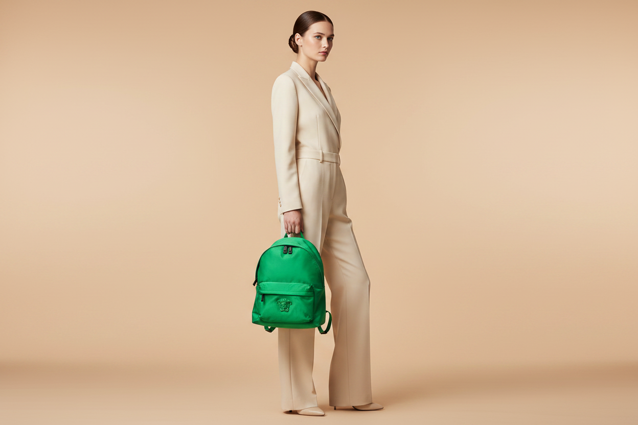 Versace Medusa Bright Green Nylon Backpack — held by model in studio