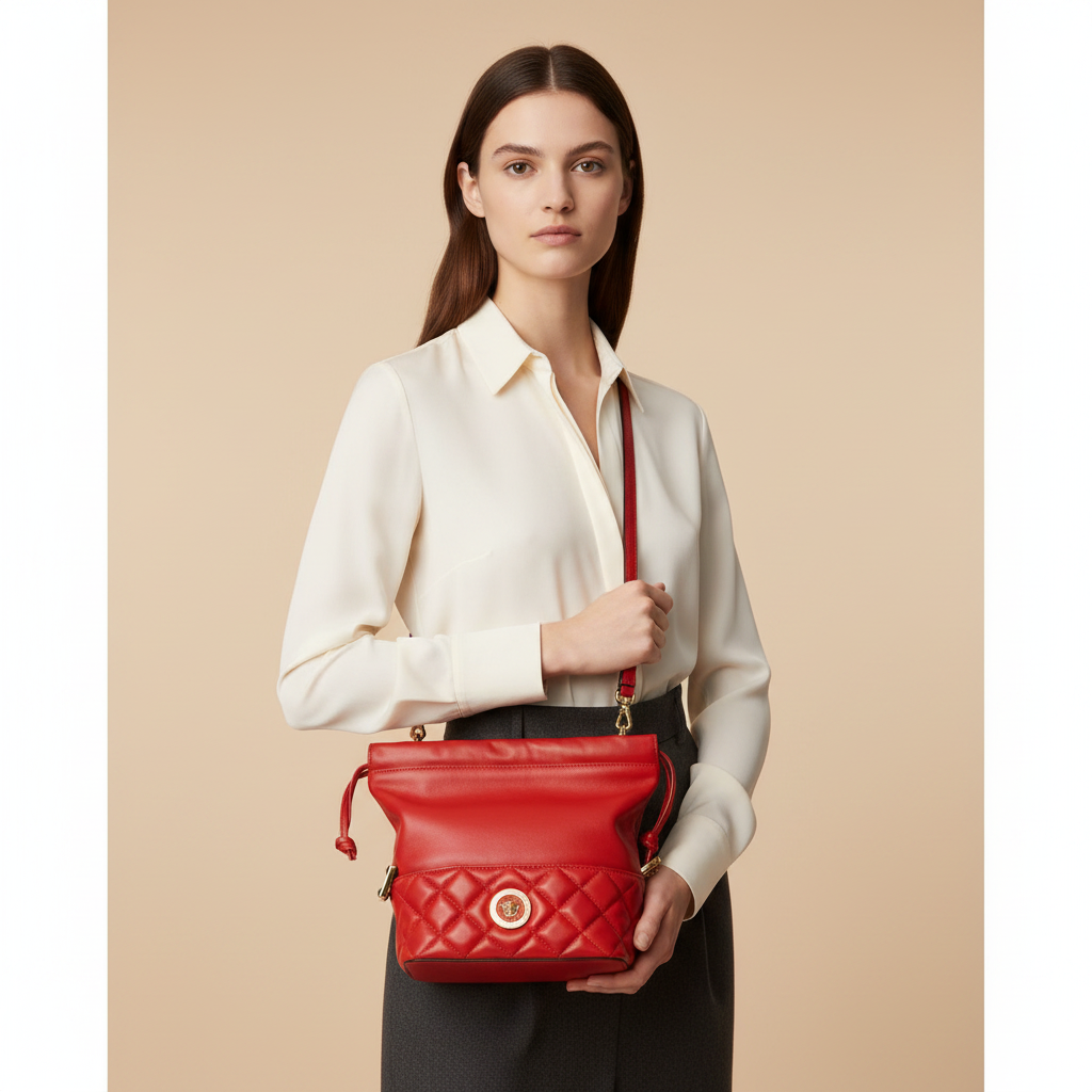 Versace Medusa Red Quilted Leather Drawstring Shoulder Bag — held by model in studio