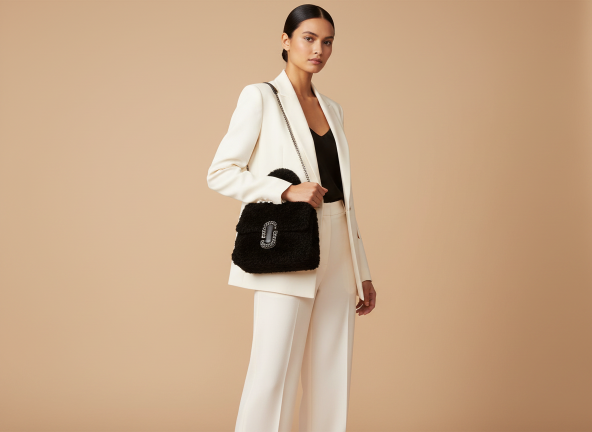Marc Jacobs The St. Marc Mini Top Handle Satchel Faux Fur Bag — held by model in studio