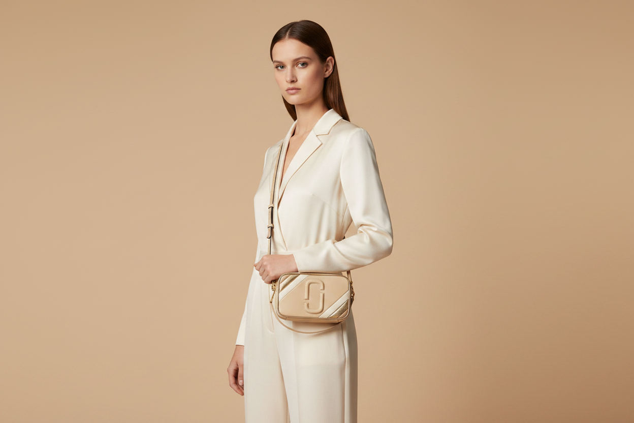 Marc Jacobs The Moto Shot 21 Curds Leather Camera Crossbody Bag — held by model in studio