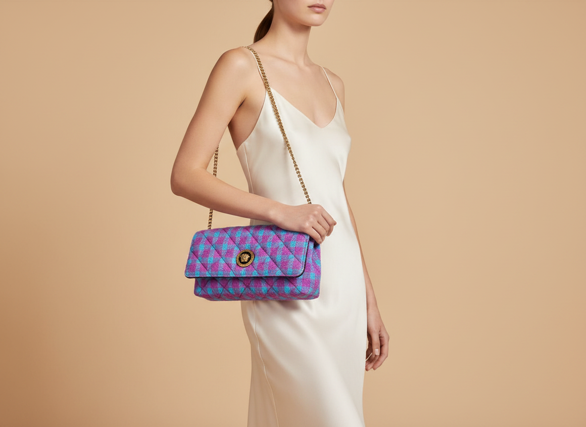 Versace Greca Black and Gold Wool Lurex Shoulder Bag — held by model in studio