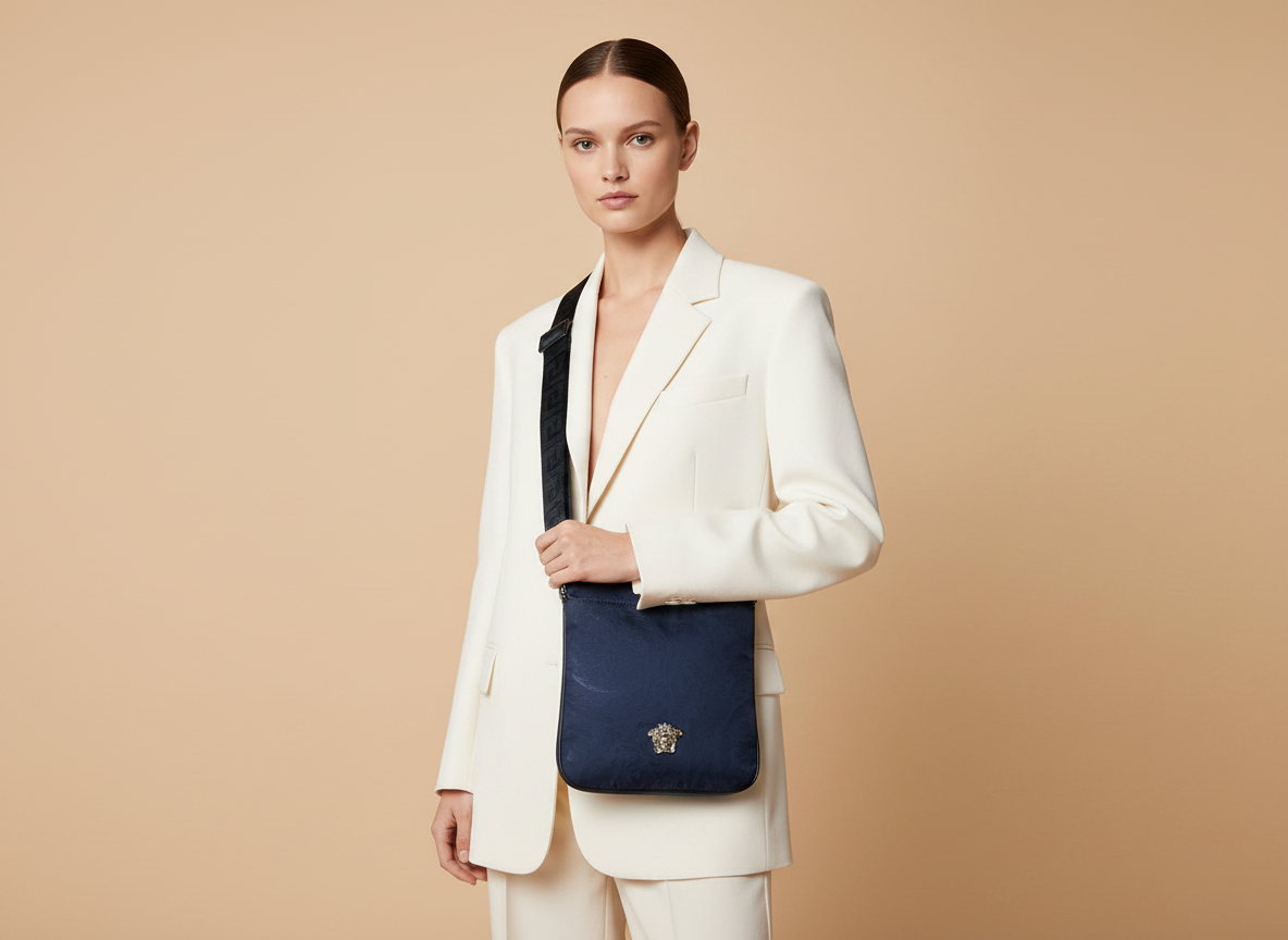 Versace Medusa Navy Canvas Crossbody Bag — held by model in studio