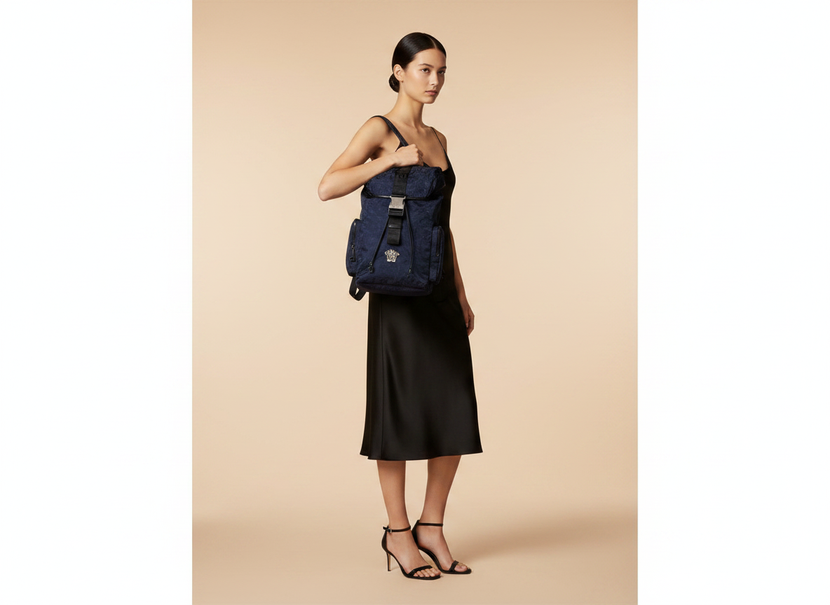 Versace Medusa Nylon Drawstring Backpack — held by model in studio